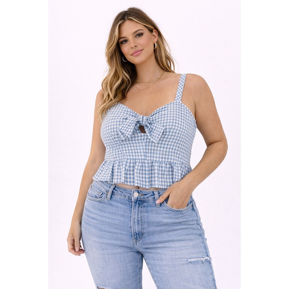 KIRIOUS Crop Top Womens Large Blue Gingham Tie Front Peplum Smocked‎ Cottagecore